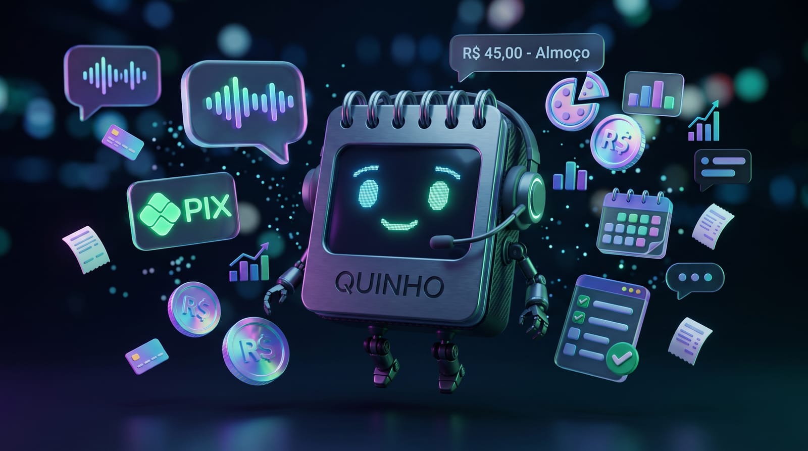 Quinho, o simpático bloquinho robô inteligente com fones de ouvido e tela neon